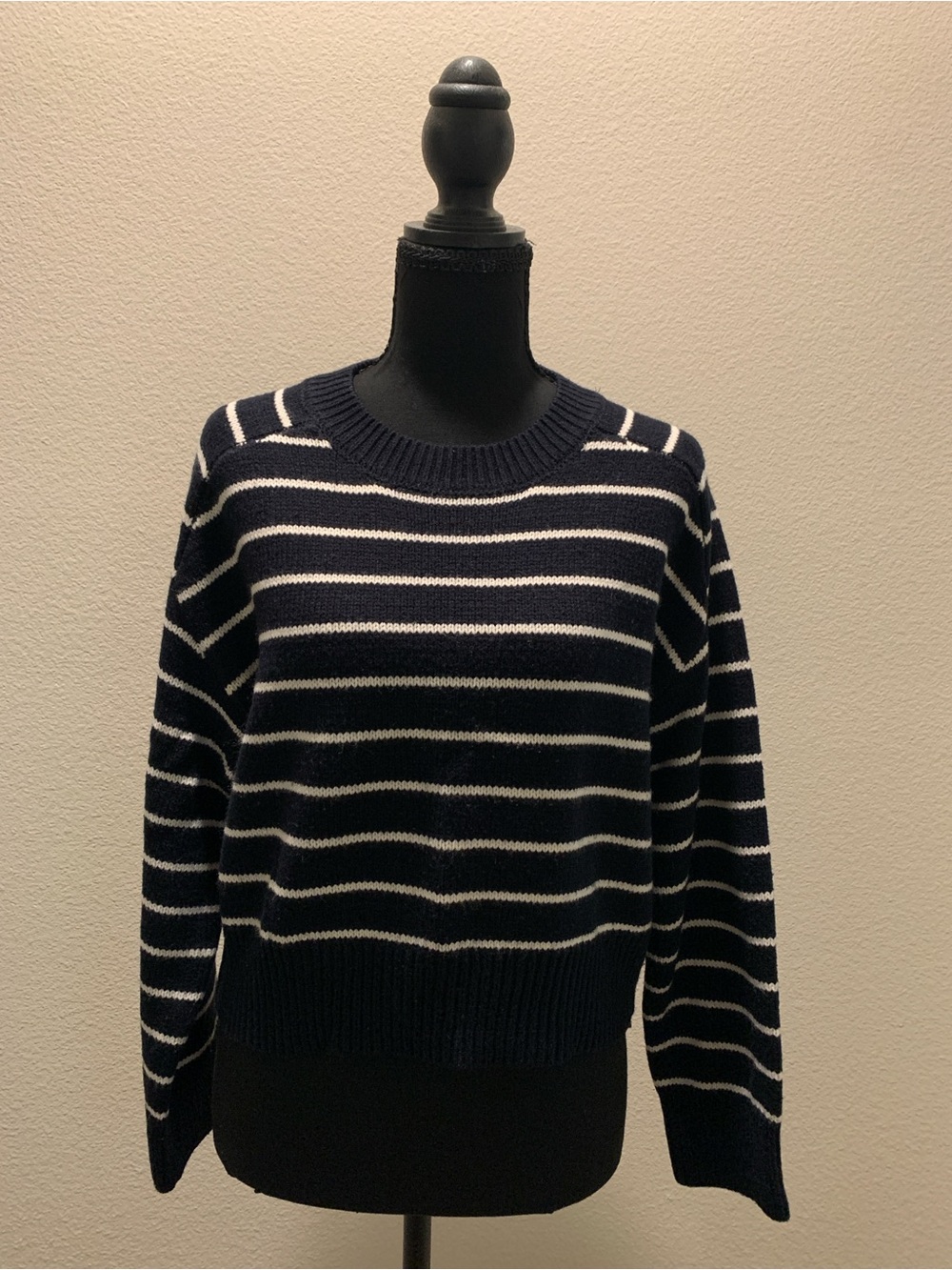 T Tahari Navy and White Striped Crewneck Sweater (Size XS)